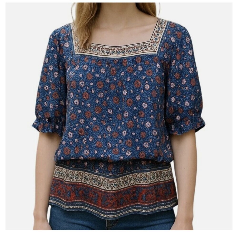 Knox Rose Peasant Square Top Cotton Blue Boho Ditzy Floral Balloon SLV Fall SZ L